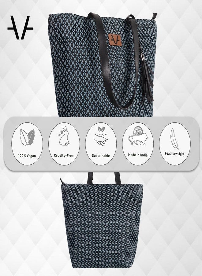 Avake Denim Cross Tote Bag with Raffia and Vegan Leather Accents | Fits 14-Inch Laptop | Stylish & Durable | Lightweight Shoulder Bag for Work, Travel & Daily Use | Made in India - Image 4